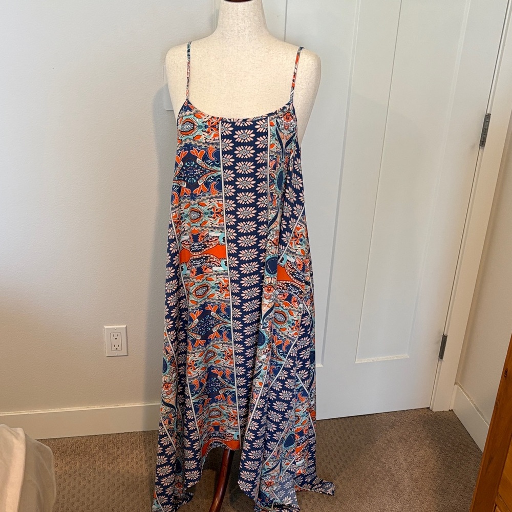 Boho Navy and Orange Floral Maxi Dress with Spaghetti Straps